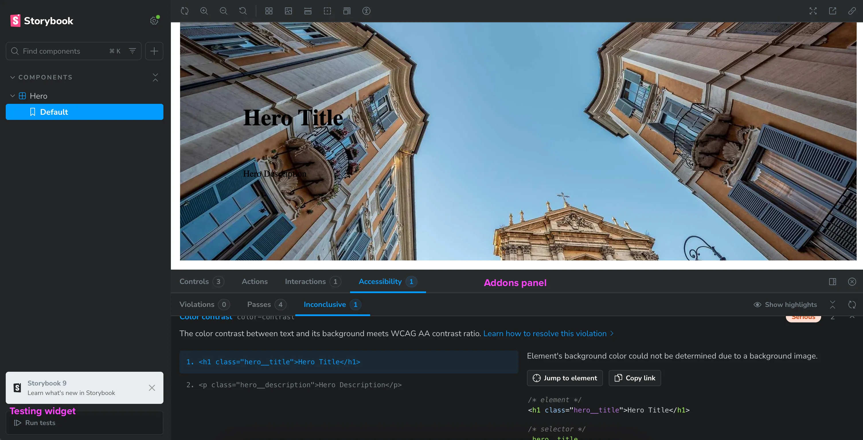 Storybook con el componente Hero